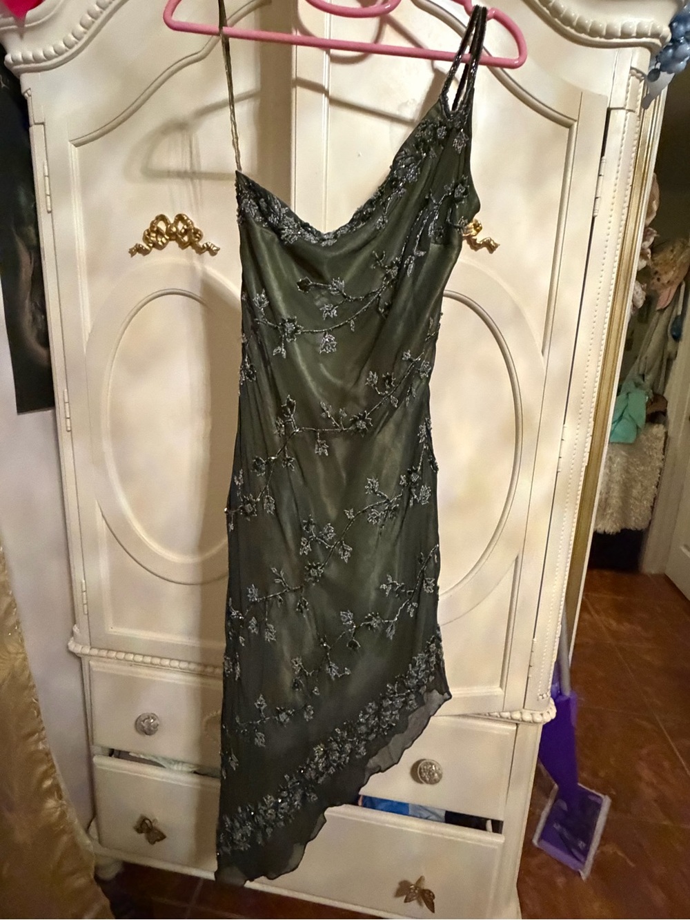Vintage forest green silk beaded scala asymmetrical dress